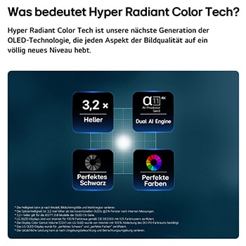 Das LG OLED evo AI C6 mit Hyper Radiant Color Tech für perfektes Schwarz und perfekte Farben, 3,2-mal hellerem Display und alpha 11 AI Processor 4K Gen3 mit Dual AI Engine.