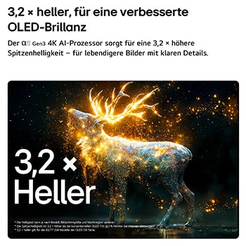 Das LG OLED evo AI C6 mit Brightness Booster Pro zeigt eine dunkle Szene, in der leuchtende Partikel eine Hirschsilhouette umgeben, und liefert eine bis zu 3,2-mal höhere Spitzenhelligkeit mit höherer Leuchtkraft und klareren Details.