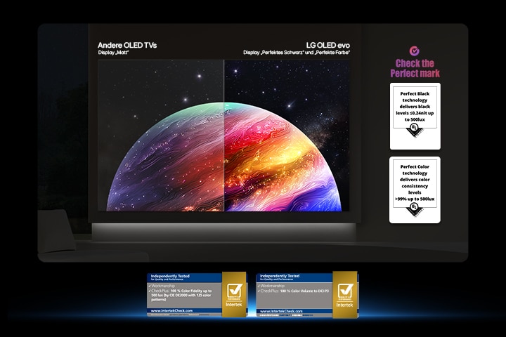 Das LG OLED evo AI C6 zeigt einen geteilten Bildschirm mit Planeten und Sternen und einer Gegenüberstellung eines matten Displays mit Anti-glare und der Anzeige mit perfektem Schwarz und perfekten Farben, die bei jedem Licht eine klarere Bildqualität bietet. Unterstützt wird sie durch UL-Zertifizierung und Intertek-Zertifizierungen für Farbvolumen und Farbtreue.