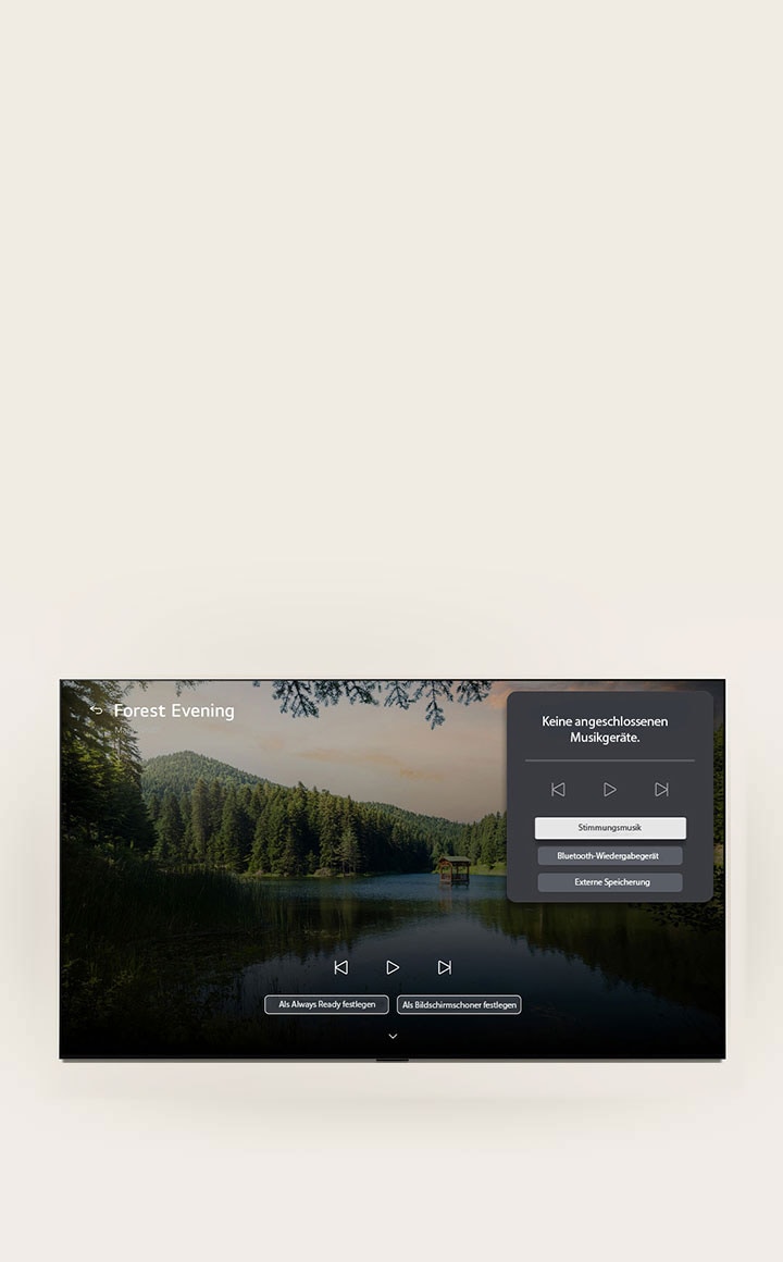 Die LG Gallery+ von LG OLED evo AI G6 mit BGM und Music Lounge zeigt die Waldseeszene „Forest Evening“ mit einem sichtbaren Music Lounge UI-Panel für Stimmungsmusik, Bluetooth-Wiedergabe und Steuerelemente. 