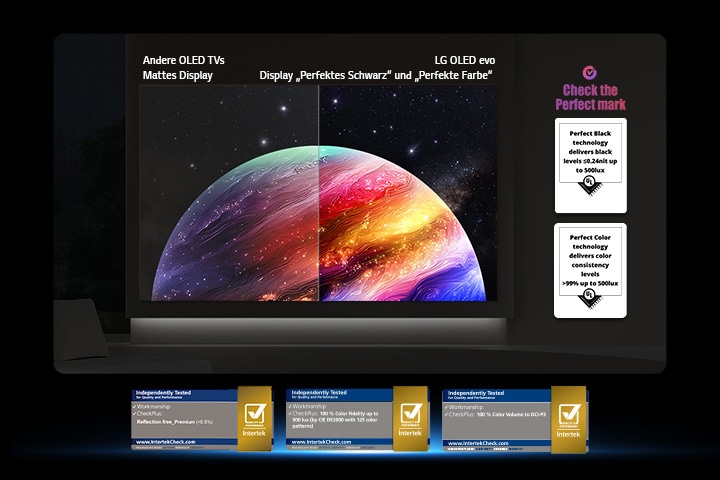 Das LG OLED evo AI W6 Wallpaper TV zeigt einen geteilten Bildschirm mit Planeten und Sternen und einer Gegenüberstellung eines matten Displays mit Anti-glare und der Anzeige mit perfektem Schwarz und perfekten Farben, die bei jedem Licht eine klarere Bildqualität bietet. Unterstützt wird sie durch UL-Zertifizierung und Intertek-Zertifizierungen für Farbgenauigkeit und Reflexionsfreiheit.