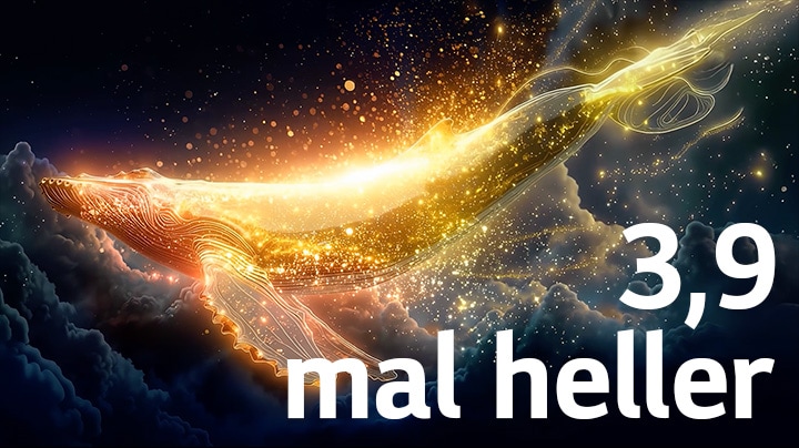 Das LG OLED evo AI W6 Wallpaper TV mit Brightness Booster Ultra zeigt eine dunkle Szene, in der leuchtende Partikel eine Walsilhouette umgeben, und liefert eine bis zu 3,9-mal höhere Spitzenhelligkeit mit höherer Leuchtkraft und klareren Details.