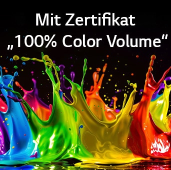 Ein LG QNED evo AI QNED85 Mini LED mit Dynamic QNED Color Pro füllt den Bildschirm mit lebendigen, fließenden Spritzern in mehrfarbigen, wie gemalt erscheinenden Bewegungen und verdeutlicht so die weiterentwickelte Farbintensität mit Zertifikat „100% Color Volume“.
