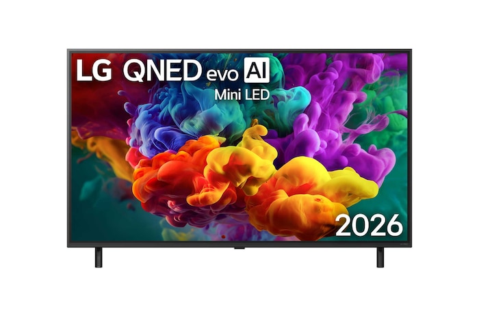 Die Vorderansicht des 2026 auf den Markt gebrachten LG QNED evo AI QNED86 Mini LED füllt den Bildschirm mit lebendigen, fließenden Spritzern mehrfarbiger, wie gemalt erscheinender Bewegung, wobei sich fein geschichtete Wolken von Farben sanft über das Display verteilen.
