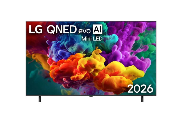 Die Vorderansicht des 2026 auf den Markt gebrachten LG QNED evo AI QNED85 Mini LED füllt den Bildschirm mit lebendigen, fließenden Spritzern mehrfarbiger, wie gemalt erscheinender Bewegung, wobei sich fein geschichtete Wolken von Farben sanft über das Display verteilen.