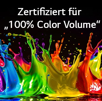 Ein LG QNED evo AI QNED90 Mini LED mit Dynamic QNED Color Pro füllt den Bildschirm mit lebendigen, fließenden Farbspritzern in mehrfarbigen, wie gemalt erscheinenden Bewegungen und verdeutlicht so die weiterentwickelte Farbintensität mit Zertifikat „100% Color Volume“.