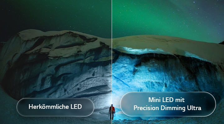 Ein LG QNED evo AI QNED90 Mini LED mit Mini LED und Precision Dimming Ultra zeigt eine geteilte Szene eines durch eine Aurora beleuchteten Gletschers. Das Bild wird mit herkömmlicher LED verglichen und zeigt tiefere Schwarztöne, klarere Kontrastdetails und noch bessere Klarheit.