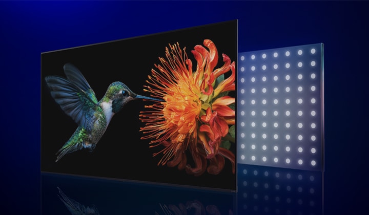 Ein LG QNED evo AI QNED90 Mini LED mit Mini LED und Precision Dimming Ultra zeigt eine geteilte Szene eines durch eine Aurora beleuchteten Gletschers. Das Bild wird mit herkömmlicher LED verglichen und zeigt tiefere Schwarztöne, klarere Kontrastdetails und noch bessere Klarheit.