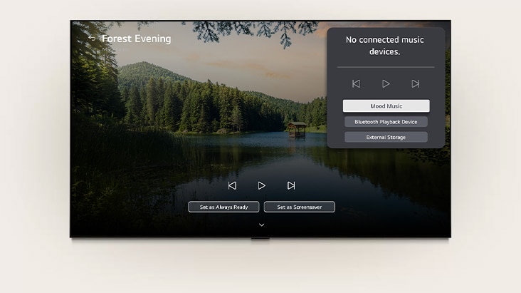 LG Gallery+ des LG ART TV mit BGM und Music Lounge zeigt die Waldseeszene „Forest Evening“ auf dem Bildschirm, wobei ein Music-Lounge-Bedienfeld für Stimmungsmusik, Bluetooth-Wiedergabe und Steuerungsfunktionen sichtbar ist. LG Gallery+ des LG ART TV mit BGM und Music Lounge zeigt die Waldseeszene „Forest Evening“ auf dem Bildschirm, wobei ein Music-Lounge-Bedienfeld für Stimmungsmusik, Bluetooth-Wiedergabe und Steuerungsfunktionen sichtbar ist.