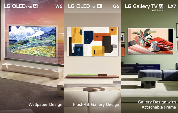 Die LG ART TV-Produktreihe umfasst den LG OLED evo AI W6 Wallpaper TV, den LG OLED evo AI G6 sowie den LG Gallery TV AI LX7 mit Rahmen. Die einzelnen Modelle zeichnen sich durch das „Wallpaper Design“, das „Flush-fit Gallery Design“ bzw. das „Gallery Design mit aufsteckbarem Rahmen“ aus und verwandeln Fernsehbildschirme in kunstvolle Displays, die einem Galerieraum würdig sind.