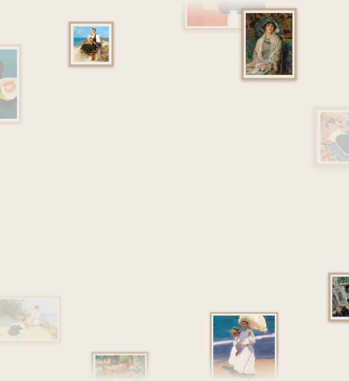 Das Bild zeigt ein kunstorientiertes Konzept mit gerahmten Kunstwerken, die über das Layout verteilt sind und jeweils verschiedene Gemälde und künstlerische Stile zeigen.