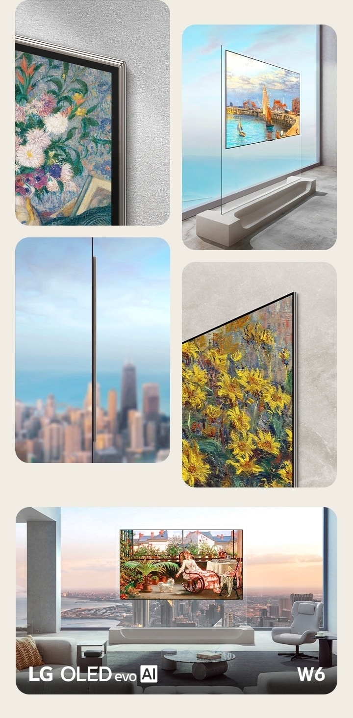 Der LG OLED evo AI W6 Wallpaper TV mit seinem ultraflachen Wallpaper Design und True Wireless wird in verschiedenen Nahaufnahmen gezeigt, die sein ultraschlankes Profil und sein kabelloses Erscheinungsbild hervorheben, das sich nahtlos in jede Einrichtung einfügt. Der LG OLED evo AI W6 Wallpaper TV ist an einem Glasrack angebracht, das nicht zum Lieferumfang gehört und steht vor einem großen Fenster im Wohnzimmer und zeigt ein Gemälde im impressionistischen Stil, das sich ganz natürlich in die Skyline im Hintergrund einfügt.