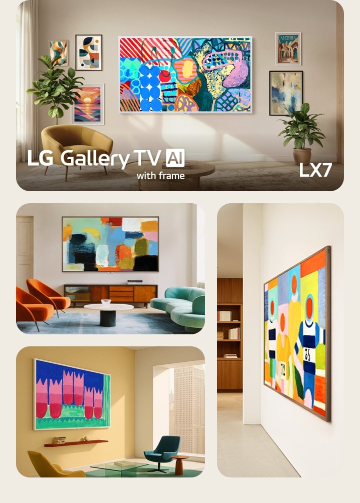 Der LG Gallery TV LX7 ART TV mit seinem Galerie Design und wechselbarem Bilderahmen wird in vier Ansichten präsentiert, die sein flexibles Design und lebendige Kunstwerke hervorheben, die nahtlos in verschiedene Wohnbereiche integriert sind.