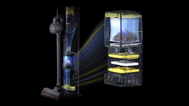 LG CordZero stick vacuum in a tower dock shows a cutaway airflow view and a clear dust bin with yellow parts.