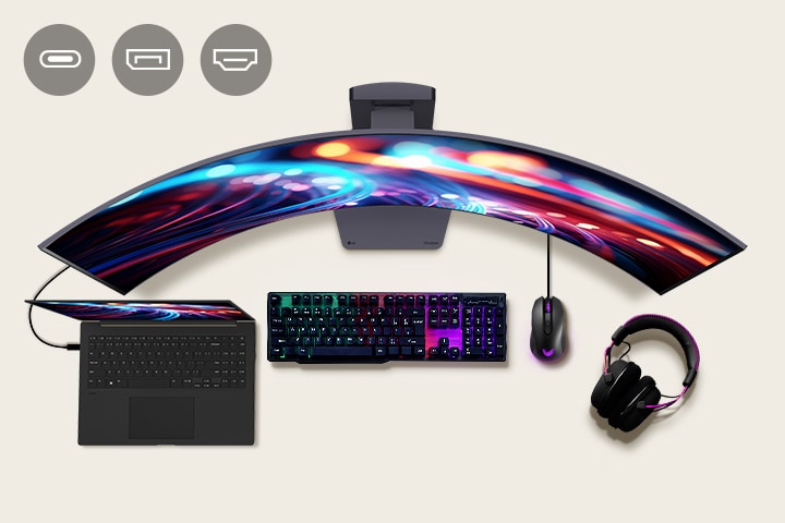 Vue de dessus d’un moniteur incurvé LG UltraGear connecté à un ordinateur portable, un clavier de jeu, une souris et un casque, avec des icônes indiquant plusieurs options de connectivité, notamment USB-C, DisplayPort et HDMI.