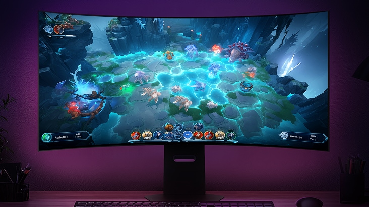 Een gebogen LG UltraGear-monitor toont een levendige strategiegame met gloeiende zeshoekige tegels en fantasiefiguren in gevecht, tegen een paarsverlicht gamingbureau.