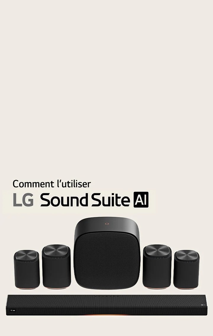 LG Sound Suite thuisbioscoop-luidsprekerset met een H7-soundbar, twee M7-luidsprekers, nog twee M5-luidsprekers en een W7-woofer.