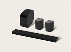 'LG Immersive Suite 7 Pro, een stereo audiosysteem voor thuis met een Sound Suite-soundbar, twee luidsprekers en een woofer.
