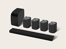 'LG Immersive Quad Suite 7, een thuisbioscoop-systeem met een Sound Suite-soundbar, vier luidsprekers en een woofer.