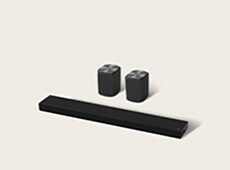 LG Immersive Suite 5, een stereo audiosysteem voor thuis met een Sound Suite-soundbar, twee luidsprekers en een woofer.