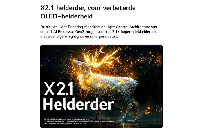 De LG OLED evo AI G6 met Brightness Booster Ultra toont een donkere scène waarin een helder verlicht silhouet van een walvis opvalt te midden van gloeiende deeltjes, met een 3,9 keer helderdere luminantie en duidelijkere details.