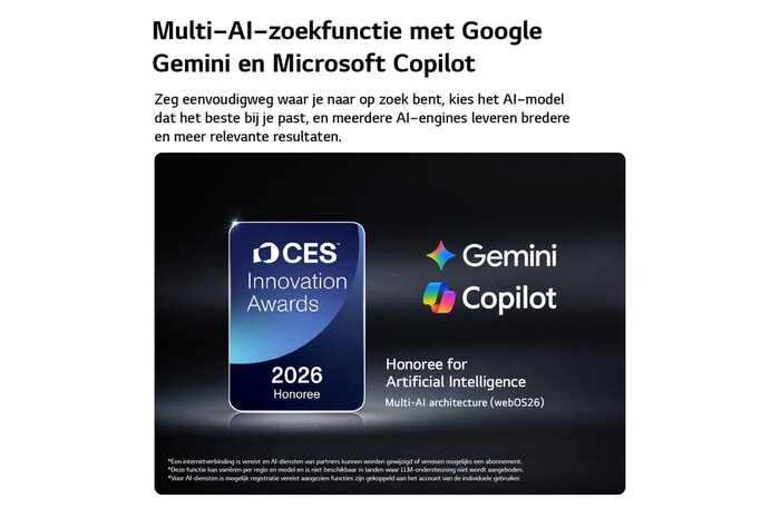 De CES Innovation Awards 2026-badge met eervolle vermelding in de categorie Kunstmatige Intelligentie erkent Multi-AI-zoekopdrachten met Google Gemini en Microsoft Copilot.