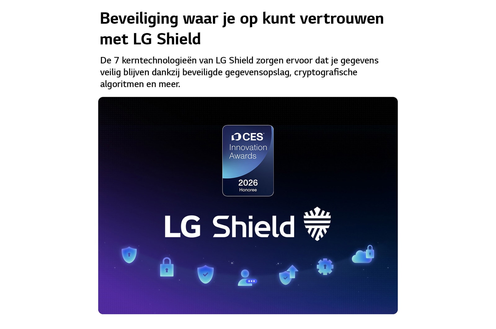 LG Shield, toegepast op LG OLED evo AI G6, wordt weergegeven met een LG Shield-logo in het midden, beveiligingspictogrammen onderaan en bovenaan een CES Innovation Awards 2026-badge met eervolle vermelding, die staat voor gegevens- en systeembescherming.