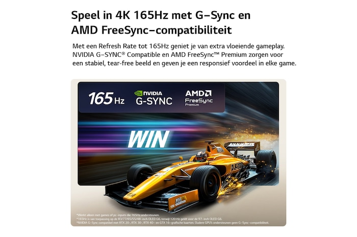 LG OLED evo AI G6 voor een ongeëvenaarde gameplay in 4K 165Hz toont een snelle racegame met een gele ‘open-wheel car’ in beweging, de opvallende tekst ‘WIN’ op het scherm en de logo’s van NVIDIA G-SYNC en AMD FreeSync Premium bovenaan.