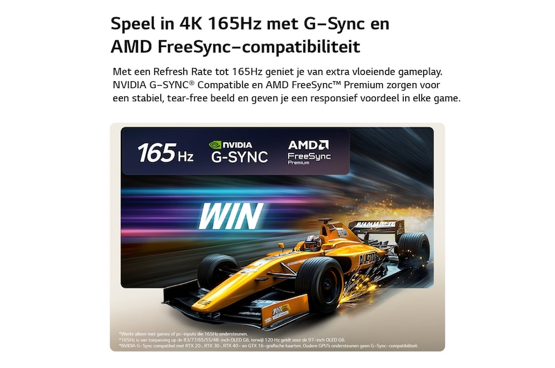 LG OLED evo AI G6 voor een ongeëvenaarde gameplay in 4K 165Hz toont een snelle racegame met een gele ‘open-wheel car’ in beweging, de opvallende tekst ‘WIN’ op het scherm en de logo’s van NVIDIA G-SYNC en AMD FreeSync Premium bovenaan.