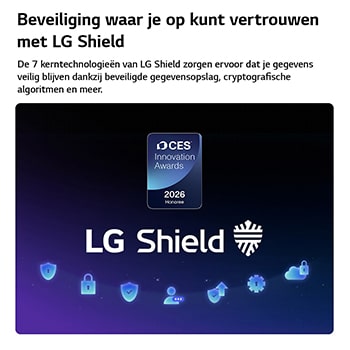 LG Shield, toegepast op LG OLED evo AI G6, wordt weergegeven met een LG Shield-logo in het midden, beveiligingspictogrammen onderaan en bovenaan een CES Innovation Awards 2026-badge met eervolle vermelding, die staat voor gegevens- en systeembescherming.