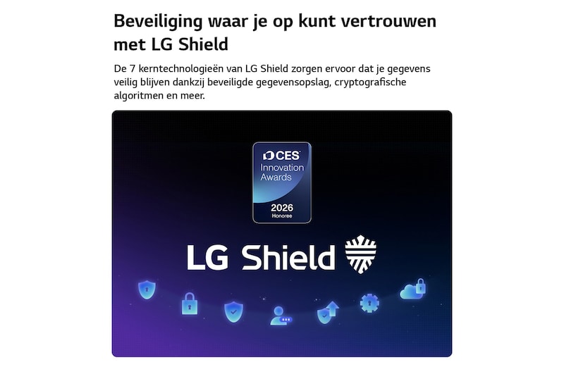 LG Shield, toegepast op LG OLED evo AI G6, wordt weergegeven met een LG Shield-logo in het midden, beveiligingspictogrammen onderaan en bovenaan een CES Innovation Awards 2026-badge met eervolle vermelding, die staat voor gegevens- en systeembescherming.