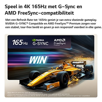 LG OLED evo AI G6 voor een ongeëvenaarde gameplay in 4K 165Hz toont een snelle racegame met een gele ‘open-wheel car’ in beweging, de opvallende tekst ‘WIN’ op het scherm en de logo’s van NVIDIA G-SYNC en AMD FreeSync Premium bovenaan.