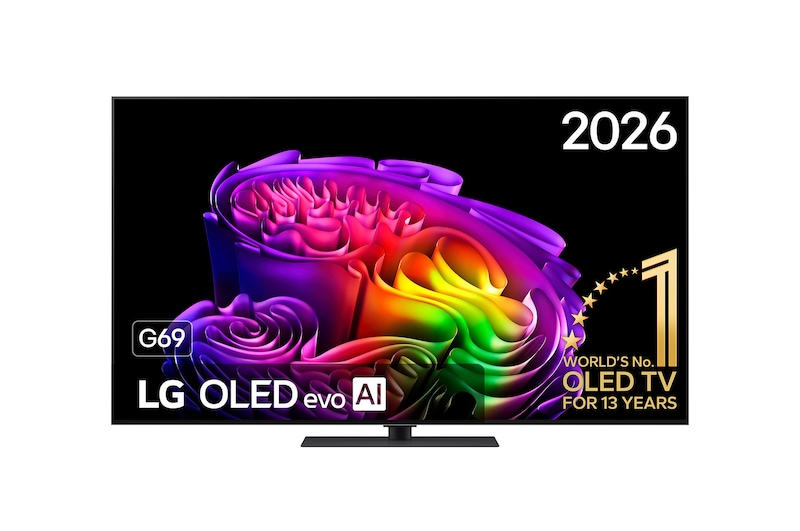 Vooraanzicht van 65 inch LG OLED evo AI G6 4K Smart TV 2026 OLED65G69LS