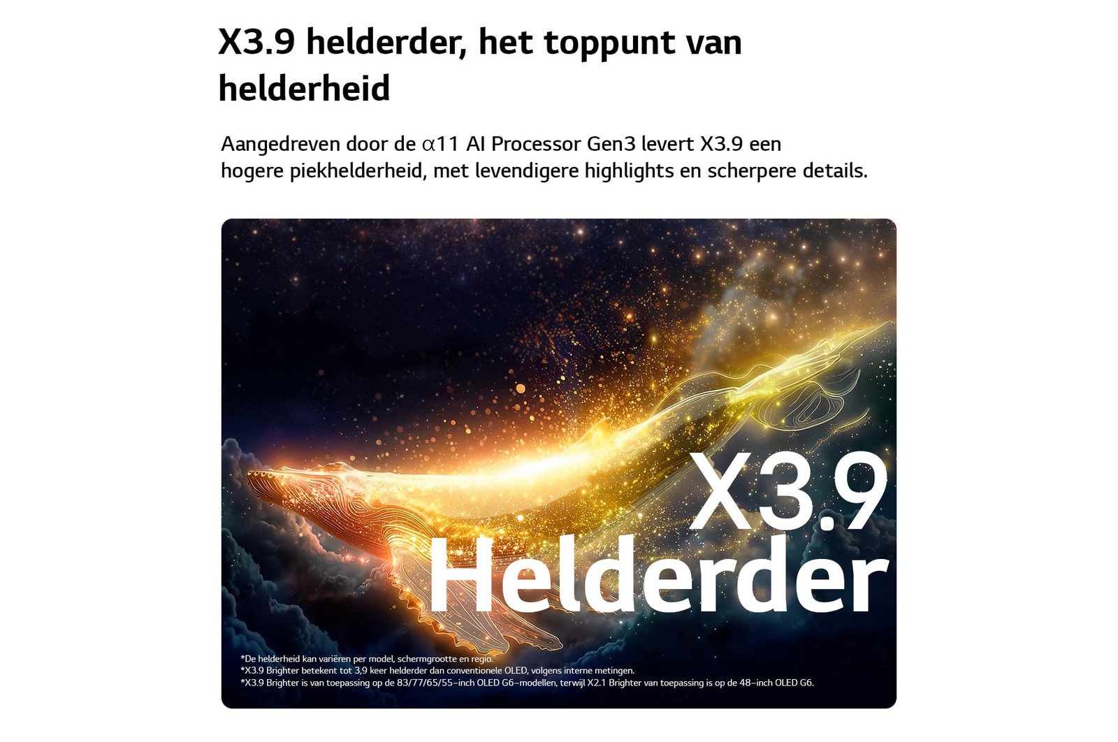 De LG OLED evo AI G6 met Brightness Booster Ultra toont een donkere scène waarin een helder verlicht silhouet van een walvis opvalt te midden van gloeiende deeltjes, met een 3,9 keer helderdere luminantie en duidelijkere details.