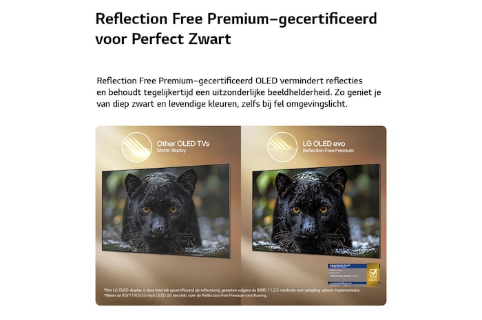 Een LG OLED evo AI G6 met Reflection Free Premium wordt naast een mat scherm met anti-glare getoond, waarbij het beeld van de zwarte jaguar helder blijft met diepe zwarttinten en een fijne textuur, met name in heldere omgevingen, met een Intertek-certificeringsmerk.