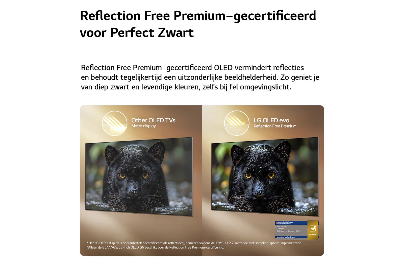 Een LG OLED evo AI G6 met Reflection Free Premium wordt naast een mat scherm met anti-glare getoond, waarbij het beeld van de zwarte jaguar helder blijft met diepe zwarttinten en een fijne textuur, met name in heldere omgevingen, met een Intertek-certificeringsmerk.