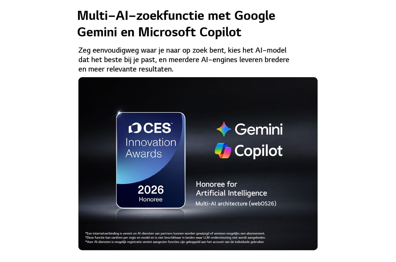 De CES Innovation Awards 2026-badge met eervolle vermelding in de categorie Kunstmatige Intelligentie erkent Multi-AI-zoekopdrachten met Google Gemini en Microsoft Copilot.