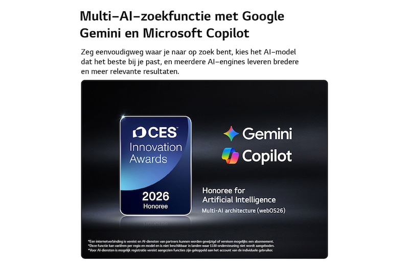 De CES Innovation Awards 2026-badge met eervolle vermelding in de categorie Kunstmatige Intelligentie erkent Multi-AI-zoekopdrachten met Google Gemini en Microsoft Copilot.