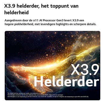 De LG OLED evo AI G6 met Brightness Booster Ultra toont een donkere scène waarin een helder verlicht silhouet van een walvis opvalt te midden van gloeiende deeltjes, met een 3,9 keer helderdere luminantie en duidelijkere details.
