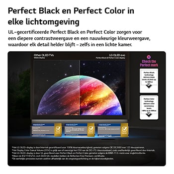 Een LG OLED evo AI G6 toont een gesplitst scherm met een afbeelding van een planeet en sterren, waarbij een mat scherm met anti-glare wordt vergeleken met het scherm met perfect zwart en perfecte kleuren voor een helderder beeld bij elke lichtomstandigheid, ondersteund door UL-certificering en Intertek-certificeringen voor kleurvolume en kleurechtheid.