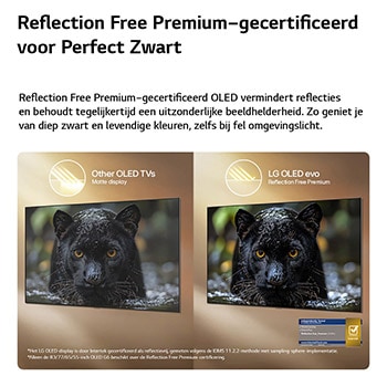 Een LG OLED evo AI G6 met Reflection Free Premium wordt naast een mat scherm met anti-glare getoond, waarbij het beeld van de zwarte jaguar helder blijft met diepe zwarttinten en een fijne textuur, met name in heldere omgevingen, met een Intertek-certificeringsmerk.