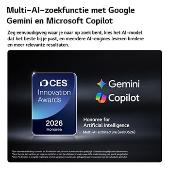 De CES Innovation Awards 2026-badge met eervolle vermelding in de categorie Kunstmatige Intelligentie erkent Multi-AI-zoekopdrachten met Google Gemini en Microsoft Copilot.