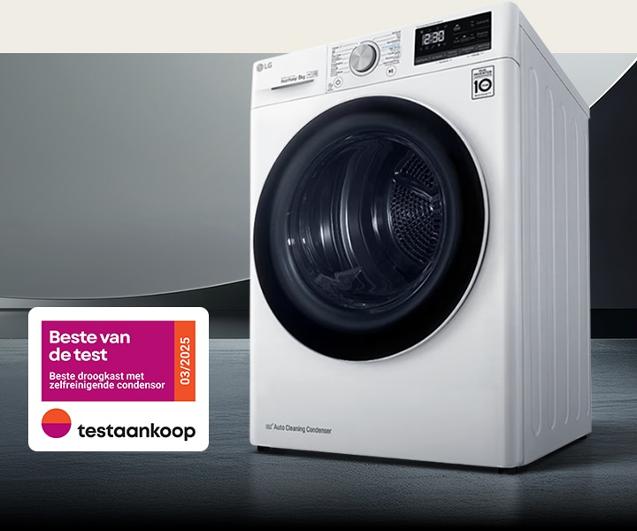 Lave-linge à chargement frontal LG sur un fond de studio sombre avec le logo Testaankoop « Beste van de test »