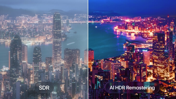 La LG OLED evo AI C6 avec AI HDR Remastering est présentée dans une comparaison de paysage urbain divisé, avec SDR à gauche et AI HDR Remastering à droite, affichant des lumières de ville plus lumineuses, un contraste plus profond et des détails plus éclatants sur toute la scène. 
