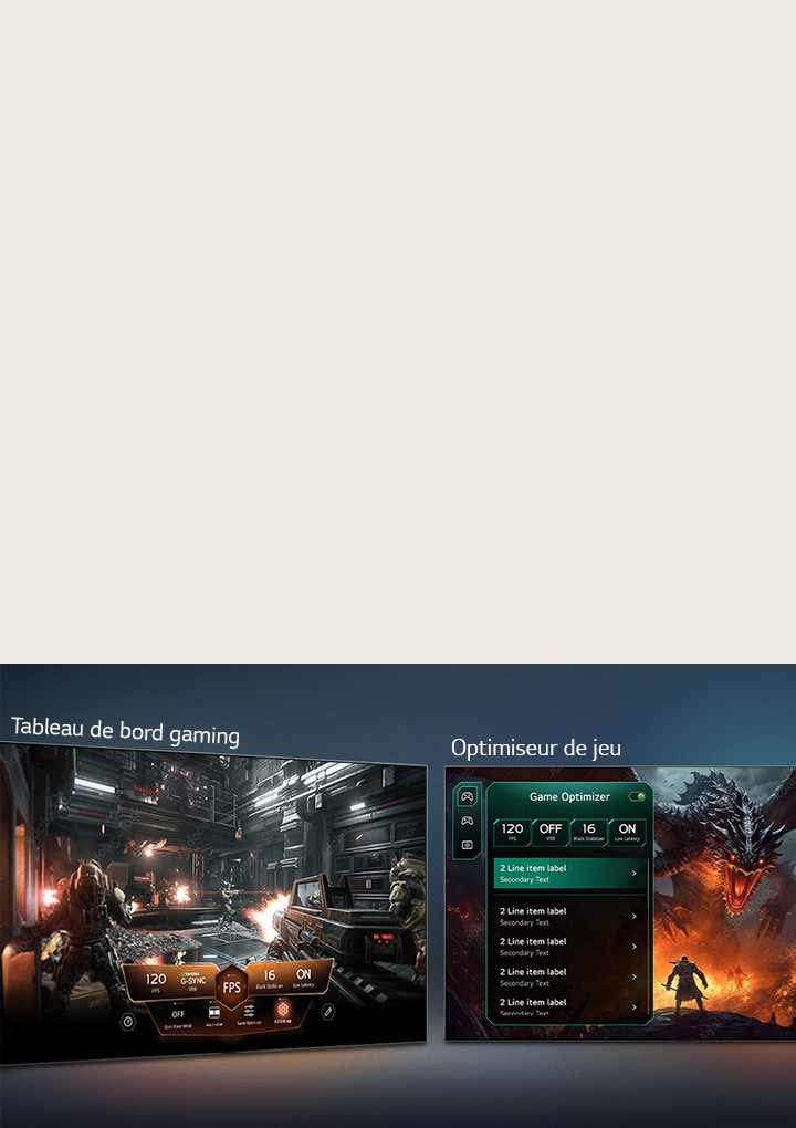 LG OLED evo AI C6 avec Game Dashboard et Optimizer affiche des écrans de jeu côte à côte et un menu à l’écran pour ajuster les paramètres de jeu tels que le taux de rafraîchissement, la latence et les modes visuels en temps réel.