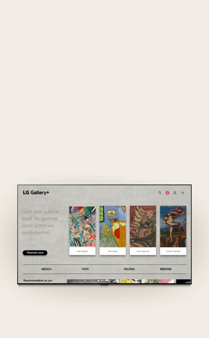 LG OLED evo AI C6 montre l’interface grise LG Gallery+ avec un menu de sélection de musique et de thème, passant de la sélection des préférences à la création de Mon Album et montrant des œuvres d’art sélectionnées. 