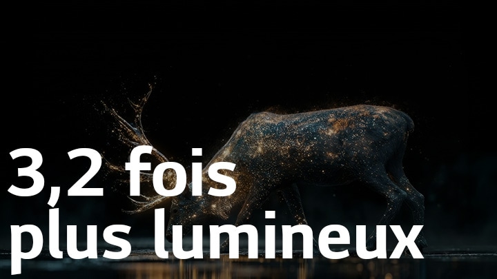 LG OLED evo AI C6 avec Brightness Booster Pro montre une scène sombre où des particules brillantes entourent une silhouette de cerf, offrant une luminosité de pic jusqu’à 3,2 fois plus intense avec une luminance plus élevée et des détails plus nets.