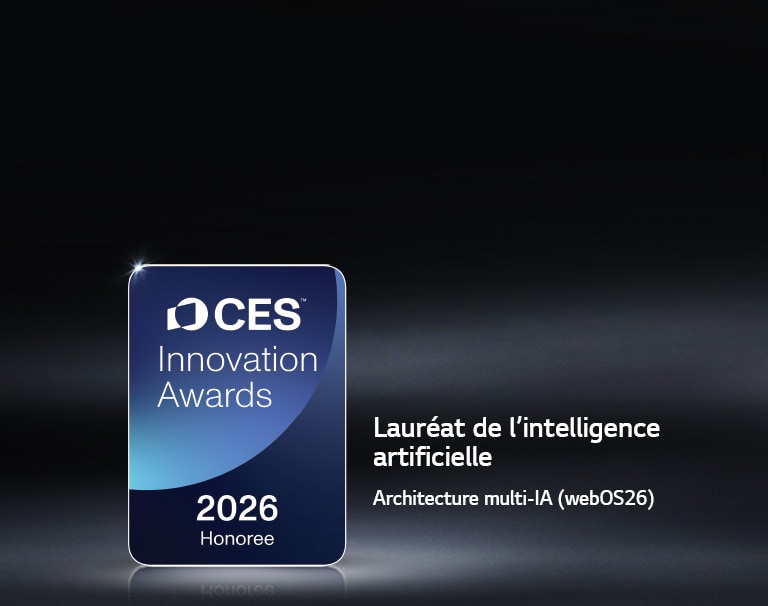 Le badge du lauréat des CES Innovation Awards 2026 est présenté sur un fond sombre. L’architecture multi-IA est reconnue dans la catégorie Intelligence artificielle.