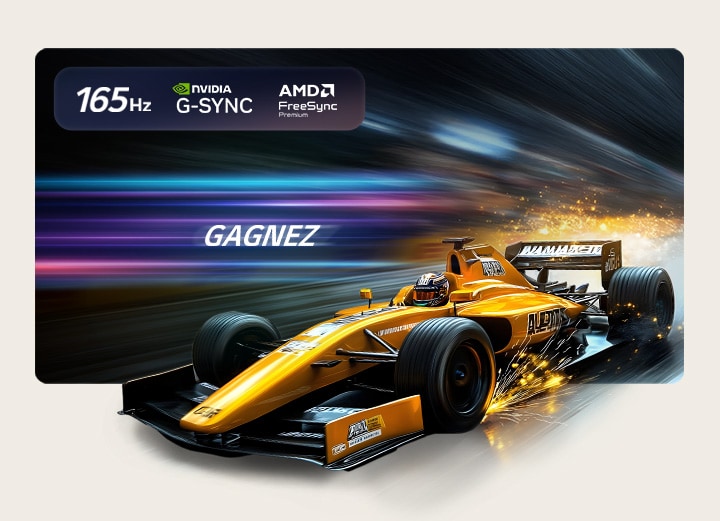 LG OLED evo AI C6 pour un gameplay imbattable en 4K 165Hz montre un jeu de course à grande vitesse avec une monoplace de course jaune en mouvement, texte en gras « GAGNEZ » à l'écran, avec les logos NVIDIA G-SYNC et AMD FreeSync Premium visibles en haut de l’écran. 