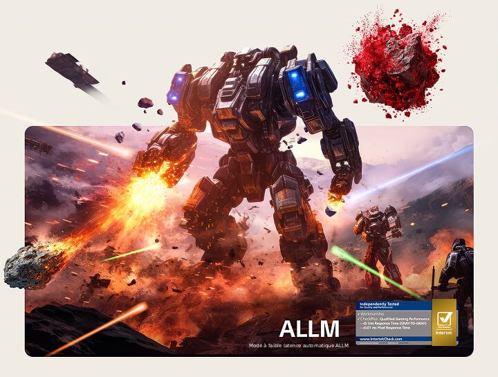 LG OLED evo AI C6 avec un retard d’affichage faible montre une scène de jeu intense avec un robot de combat imposant au milieu des explosions, avec du texte à l’écran faisant référence au mode Auto Low Latency Mode (ALLM) et aux performances de jeu qualifiées certifiées Intertek.